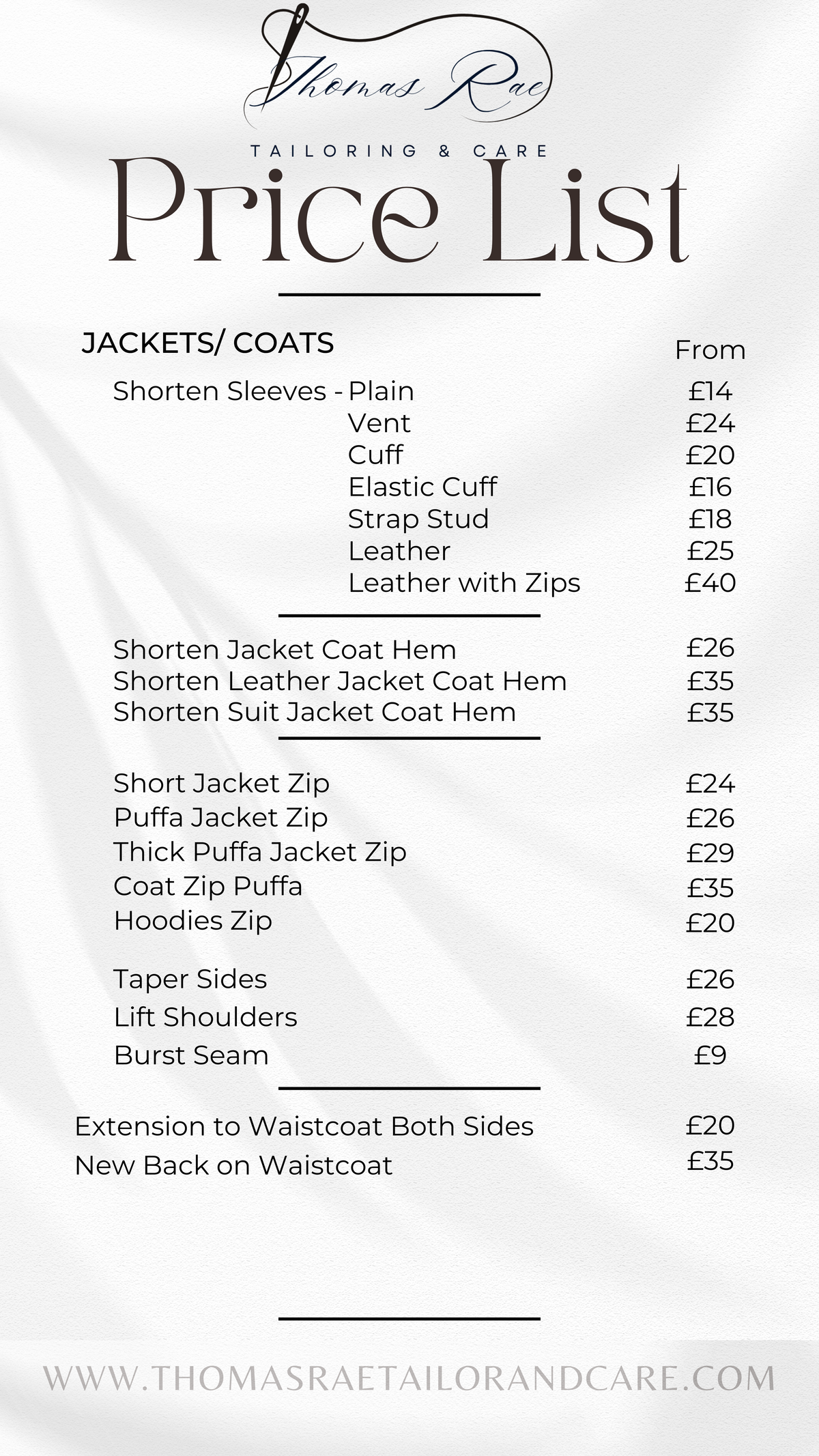 Price List – Thomas Rae Tailoring & Care